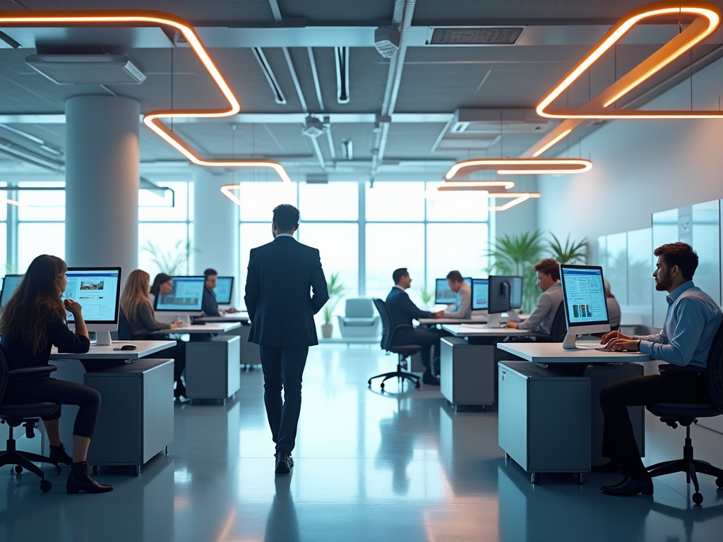 Modern office with employees at desks and a man walking through, illuminated by neon overhead lights.