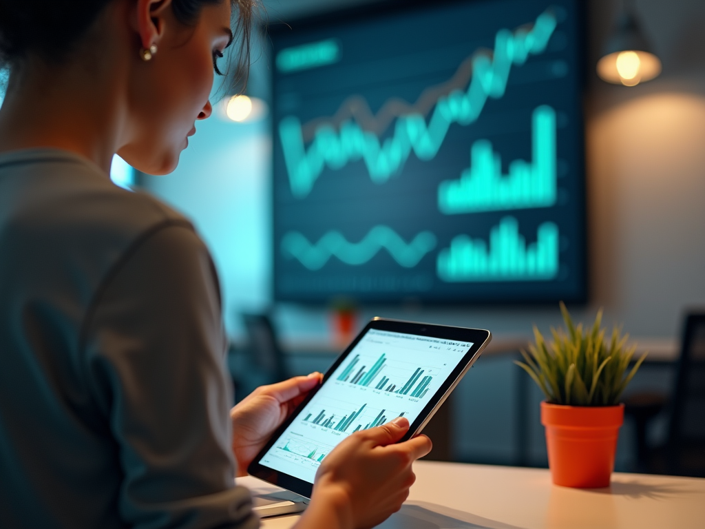 Woman reviews financial data on tablet with stock market graphs on screens behind her in an office setting.