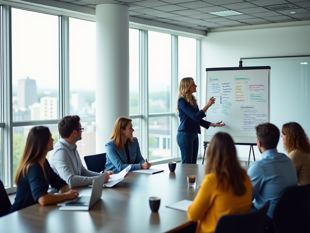 Woman presents on whiteboard to colleagues in a bright, modern conference room.