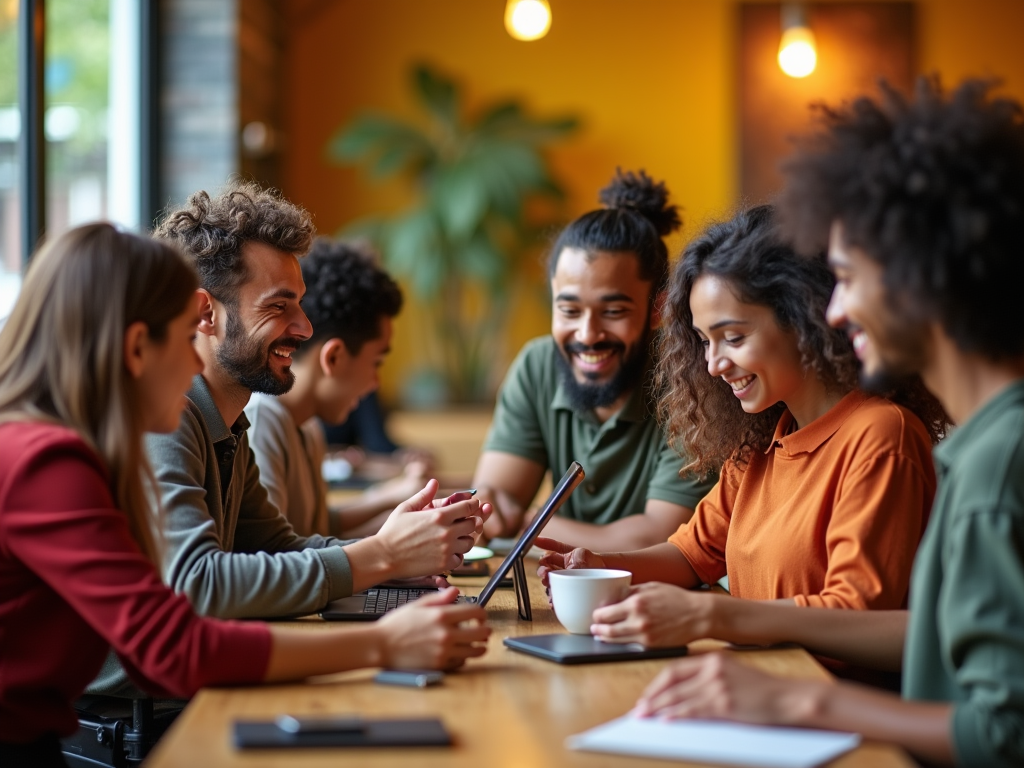 Group of young adults laughing and discussing over coffee at a cafe table.