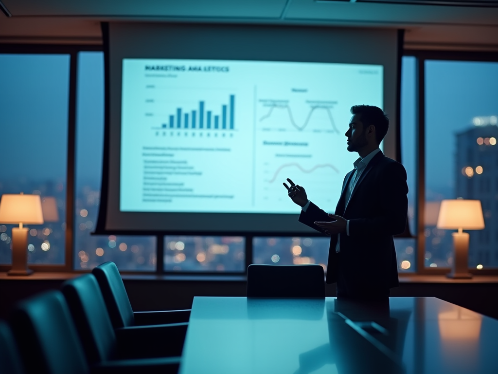 Silhouetted businessman giving a presentation with charts on a screen in a modern office at dusk.