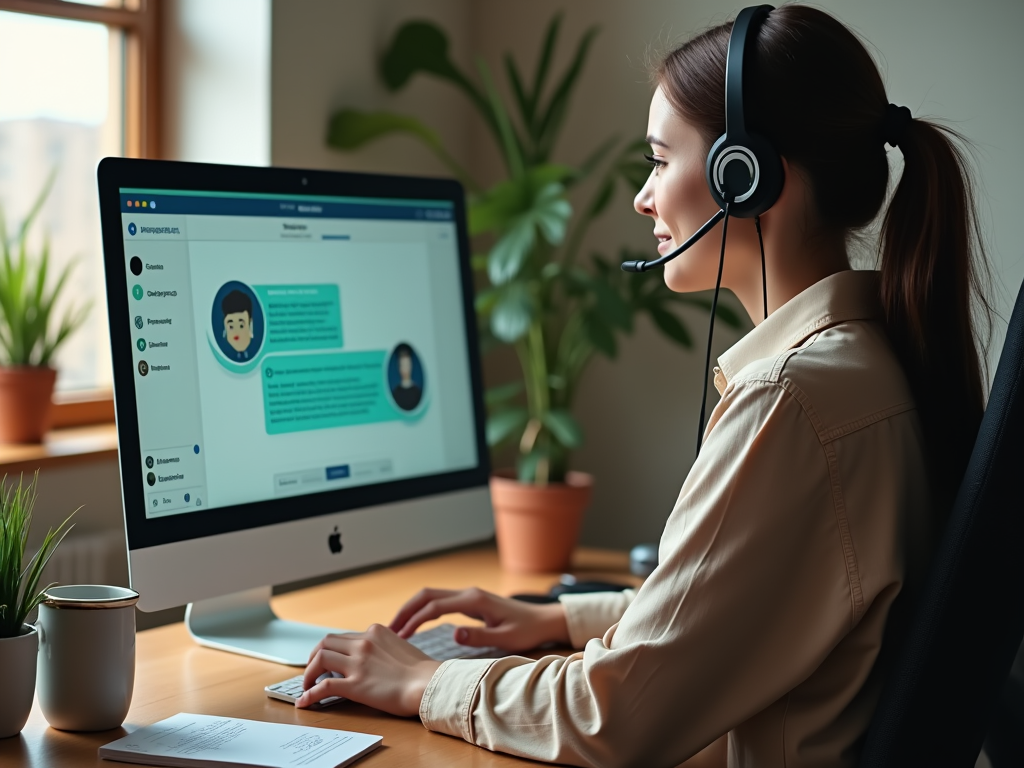 Woman in headset working at computer with customer support screen visible.