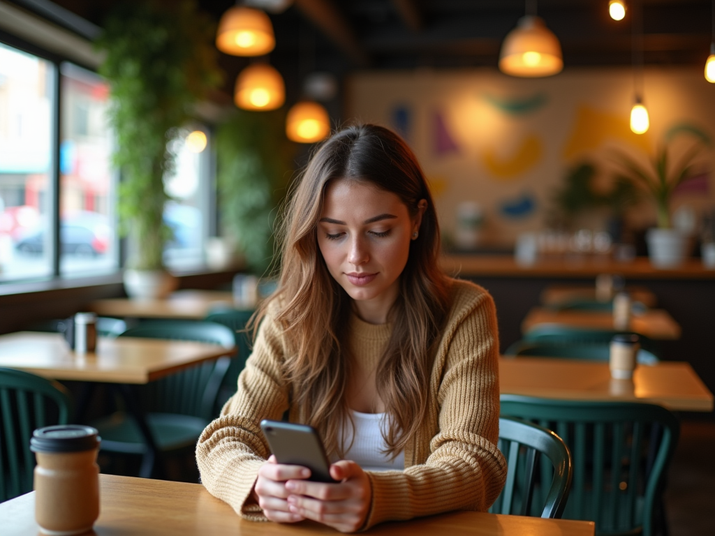 Woman in a yellow sweater using her phone at a café table with coffee.