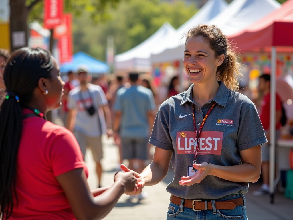 Two women laughing and chatting at a sunny outdoor festival with tents in the background.