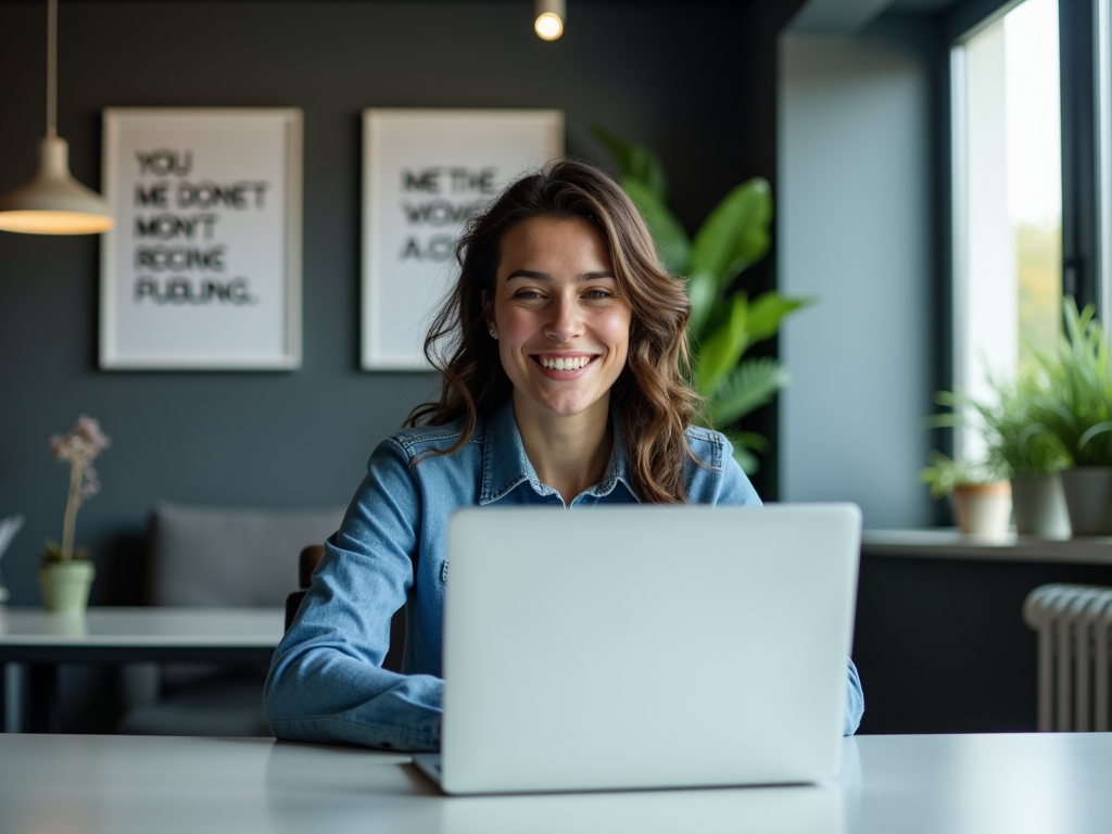 Smiling woman using laptop at a modern workspace with inspirational wall art.