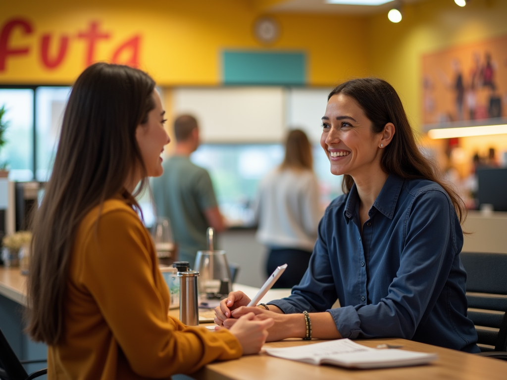 Two women chatting happily in a brightly colored cafeteria.