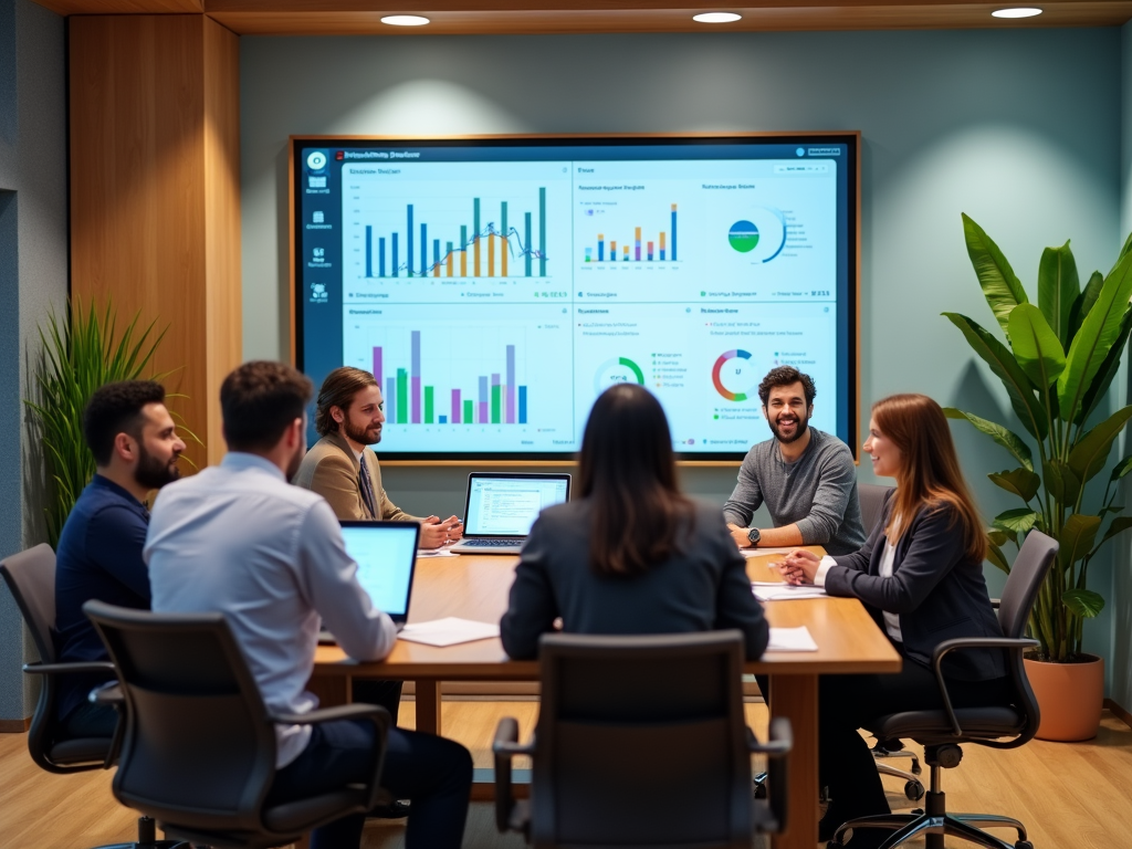 Professionals in a meeting discussing data shown on a large screen in a modern office.