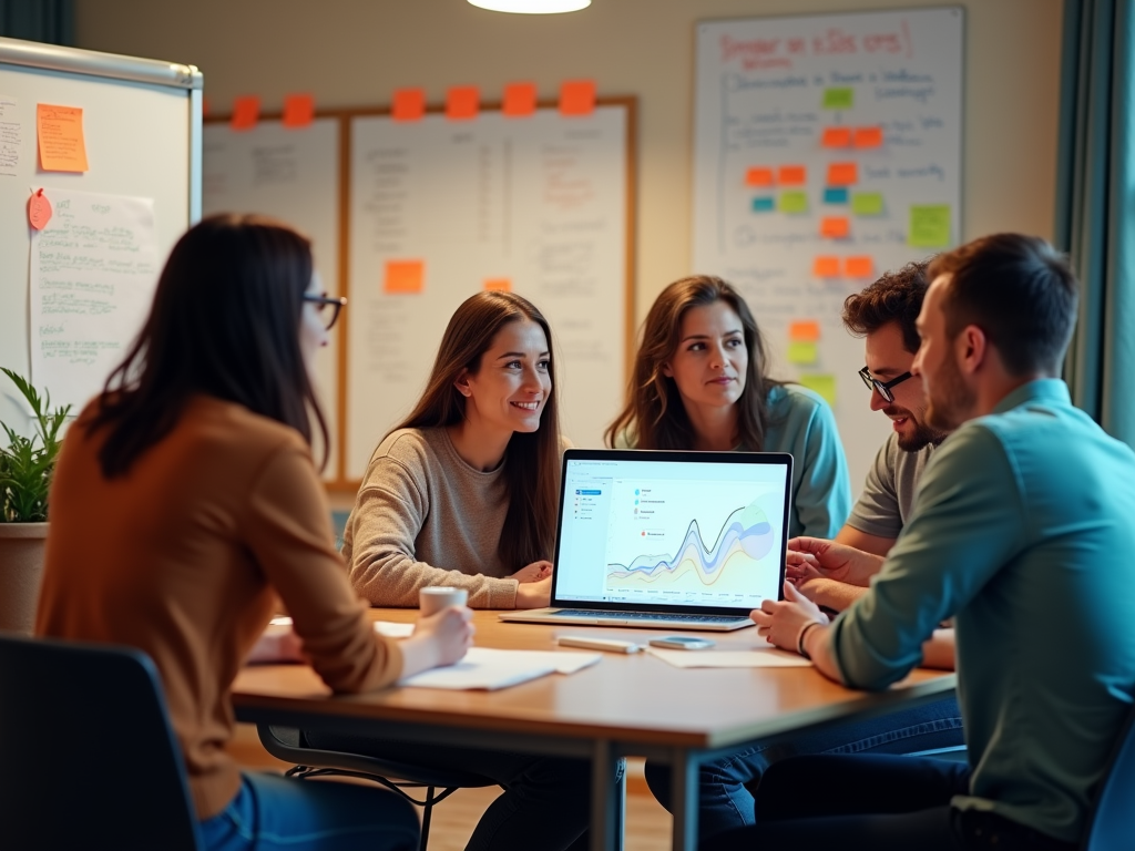 Team collaborating around a laptop discussing graphs in a vibrant office setting.