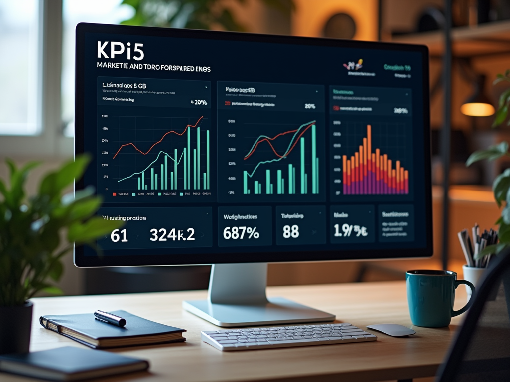 Computer monitor displaying complex business analytics and KPI graphs in an office setting.