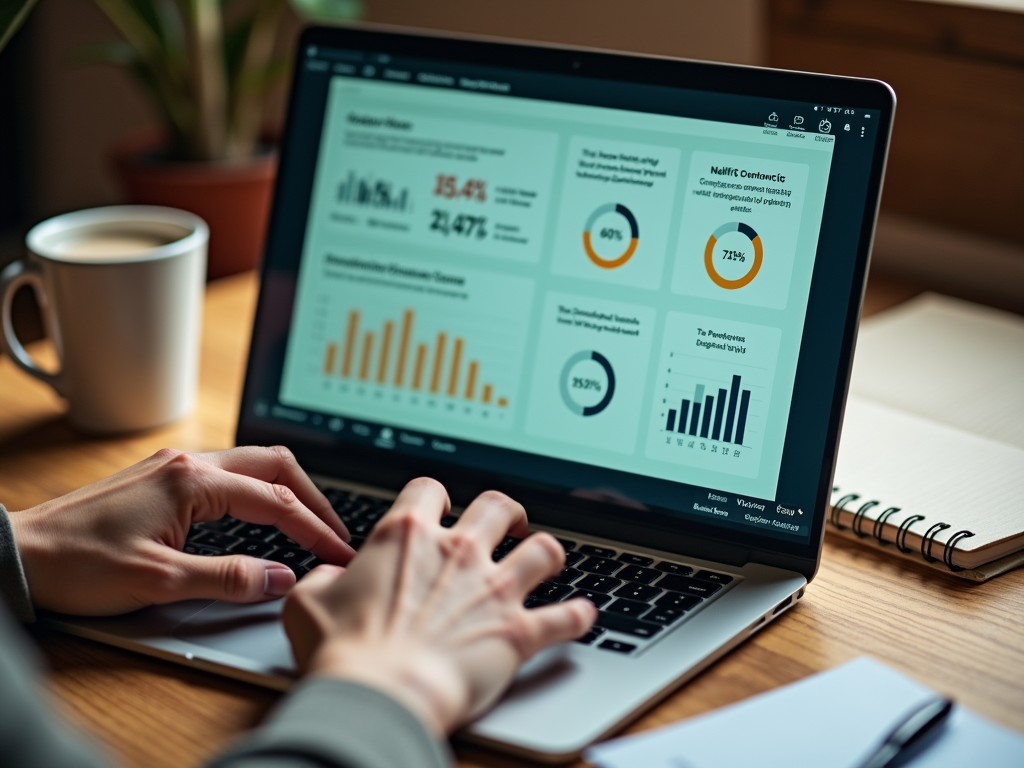 Person analyzing marketing analytics on a laptop with graphs and data visible on screen.