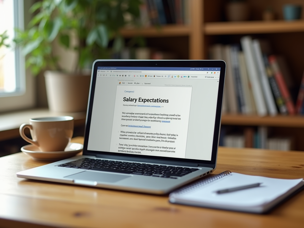 A laptop on a wooden table displays a document titled "Salary Expectations" next to a cup of coffee and notebook.