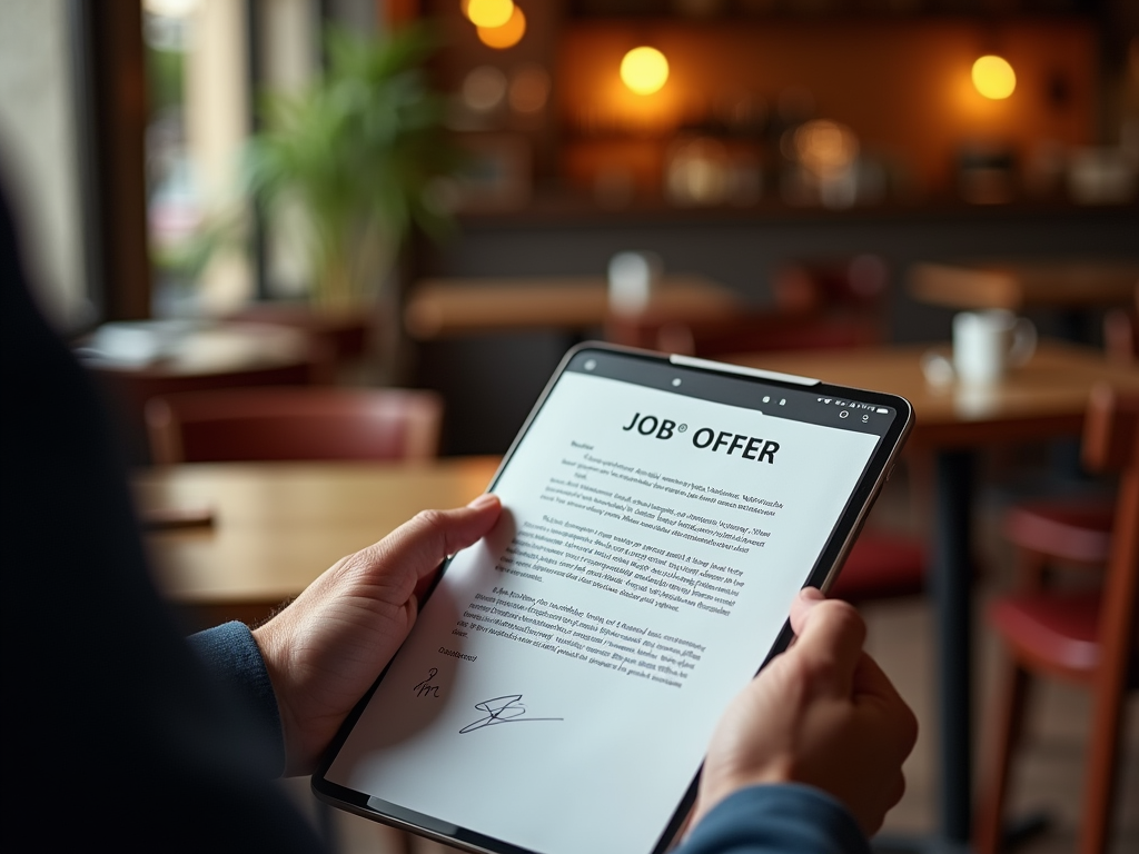 A person holds a tablet displaying a job offer letter in a cozy café setting.