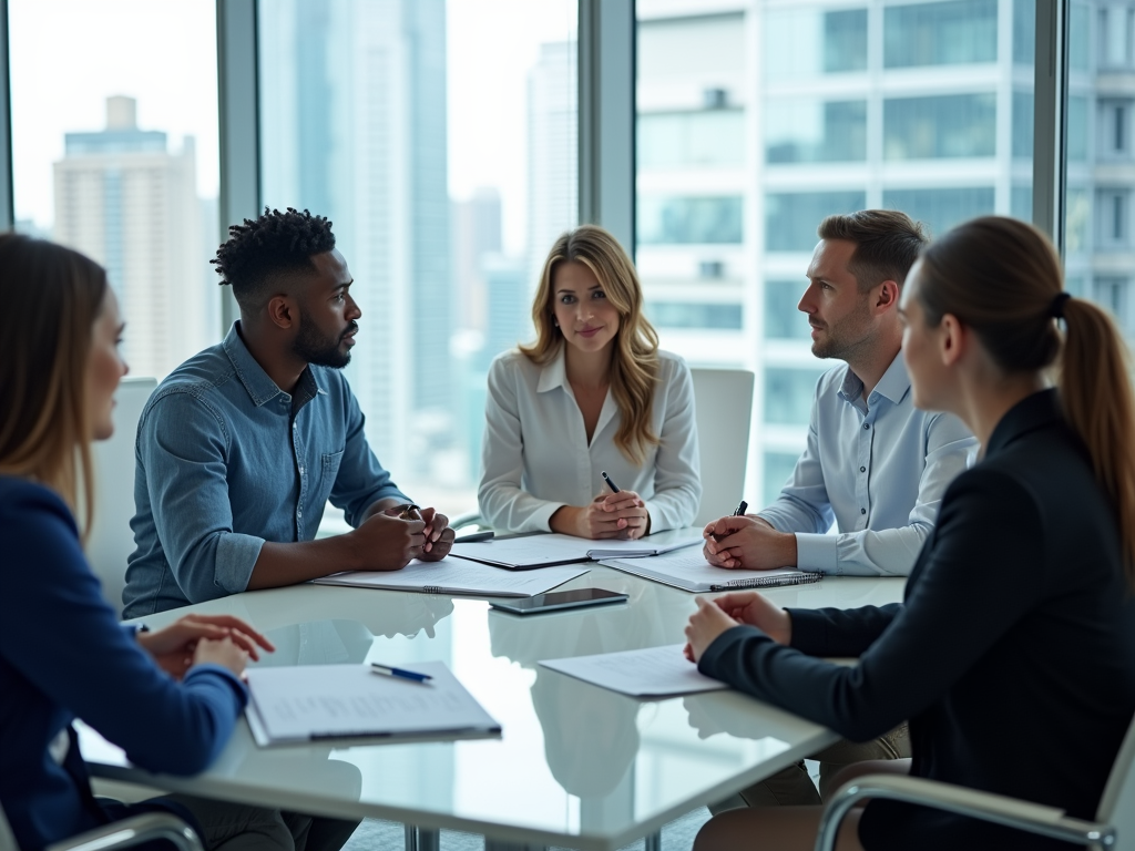 A diverse group of five professionals engaged in a meeting around a conference table, discussing important documents.