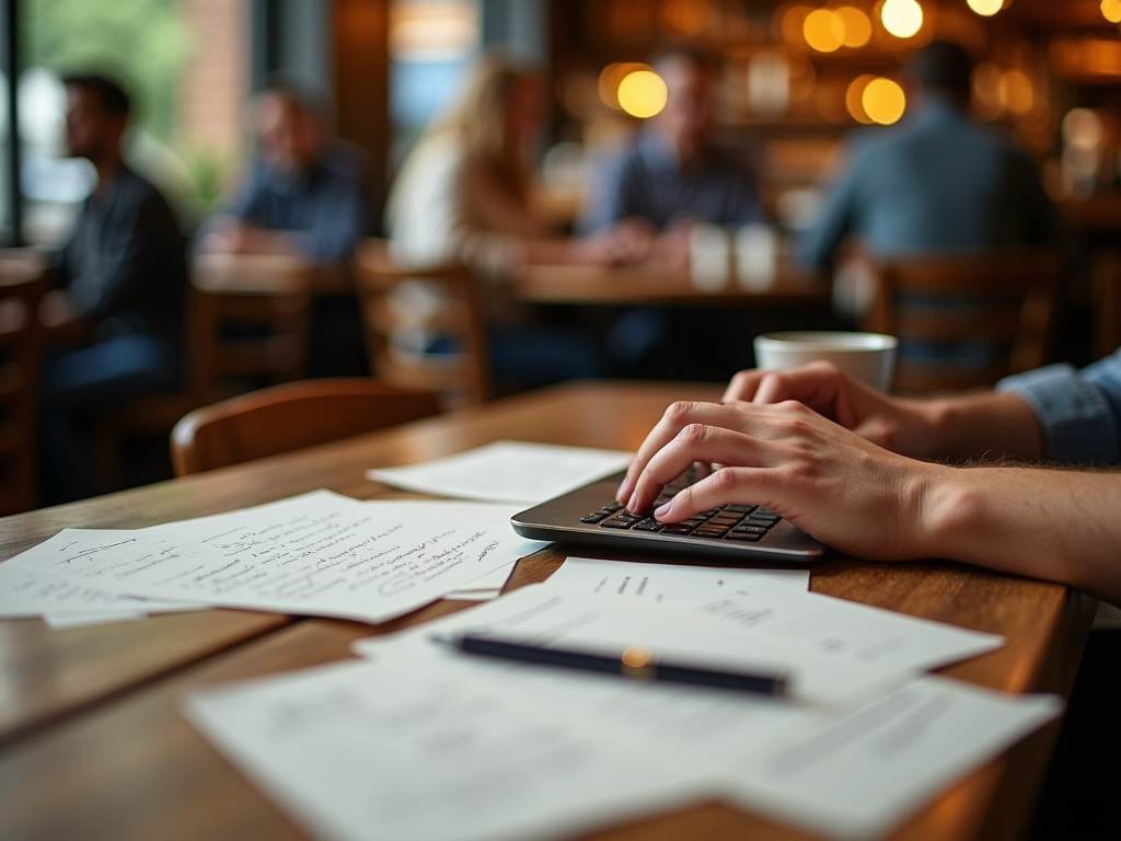 A person types on a laptop with papers scattered on a wooden table in a cozy café setting.