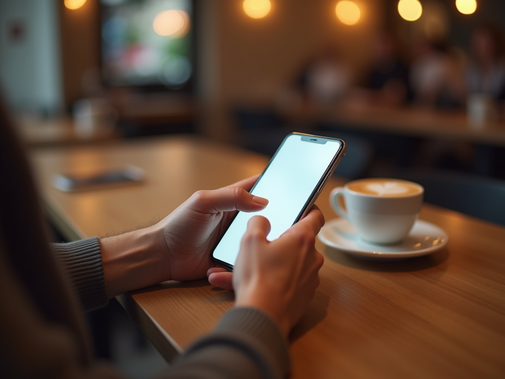 A person holding a smartphone with a blank screen, sitting at a wooden table with a cup of coffee.