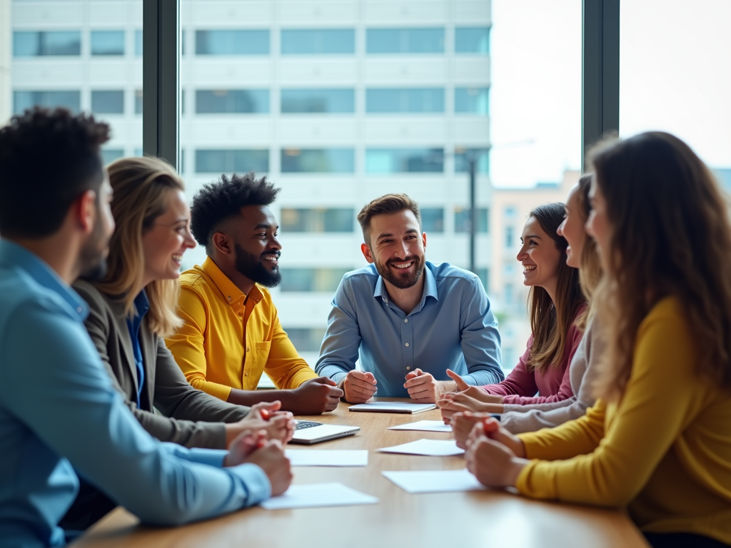 A diverse group of six people engaged in a friendly discussion around a table in a bright office.