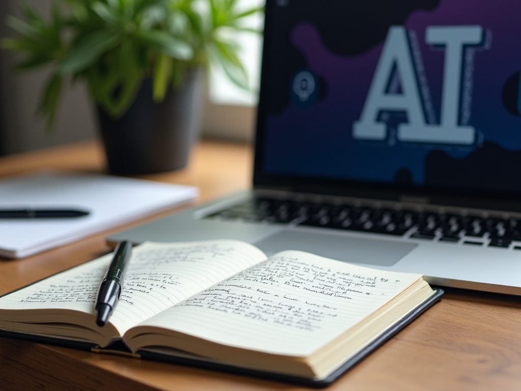 A notebook with handwritten notes, a pen, and a laptop displaying "AI" on the screen, with a plant in the background.