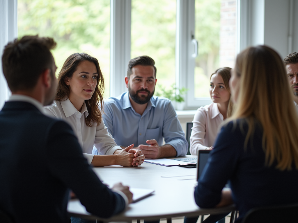 A group of professionals engaged in a discussion around a table in a bright office setting.