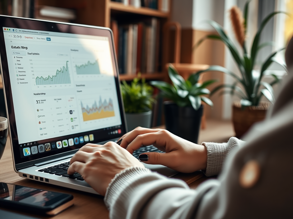 A person analyzes data on a laptop, surrounded by plants, with graphs and charts visible on the screen.