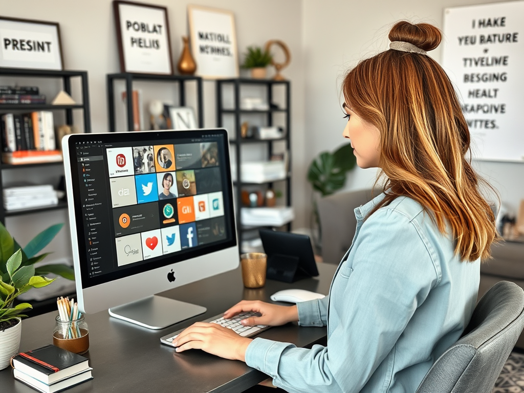 A woman with long hair works on a desktop computer in a modern office setting, surrounded by books and plants.