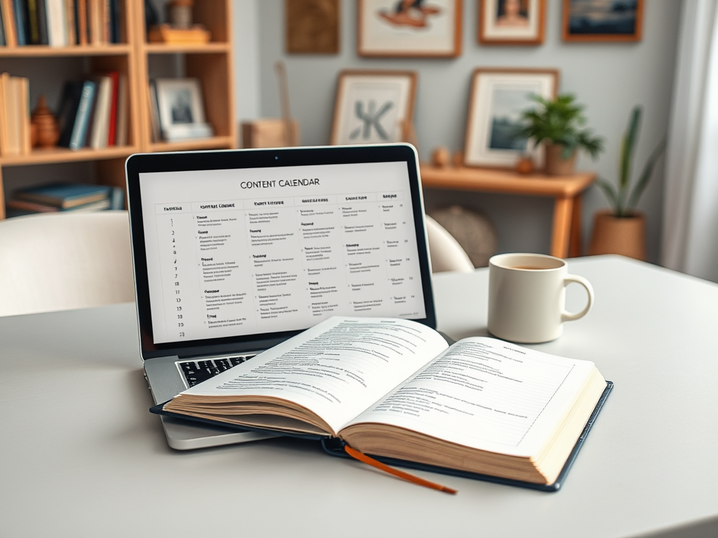 A laptop displays a content calendar beside an open book and a coffee mug on a table in a cozy room.