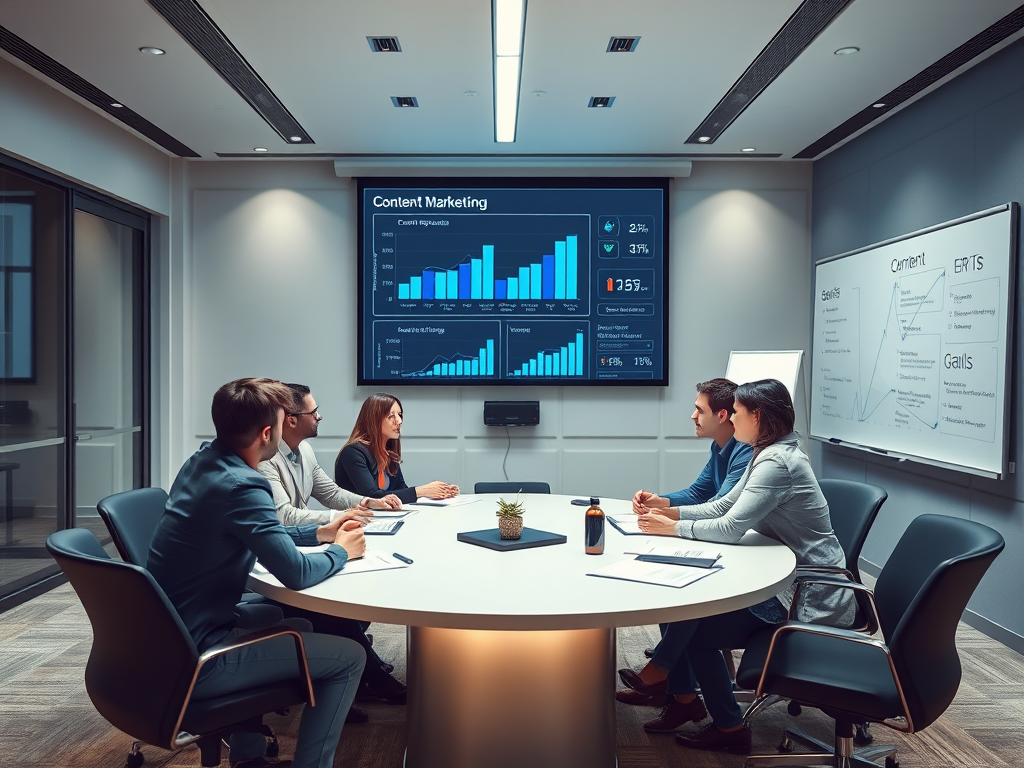 A team meeting in a modern conference room, discussing data presented on a screen about content marketing.