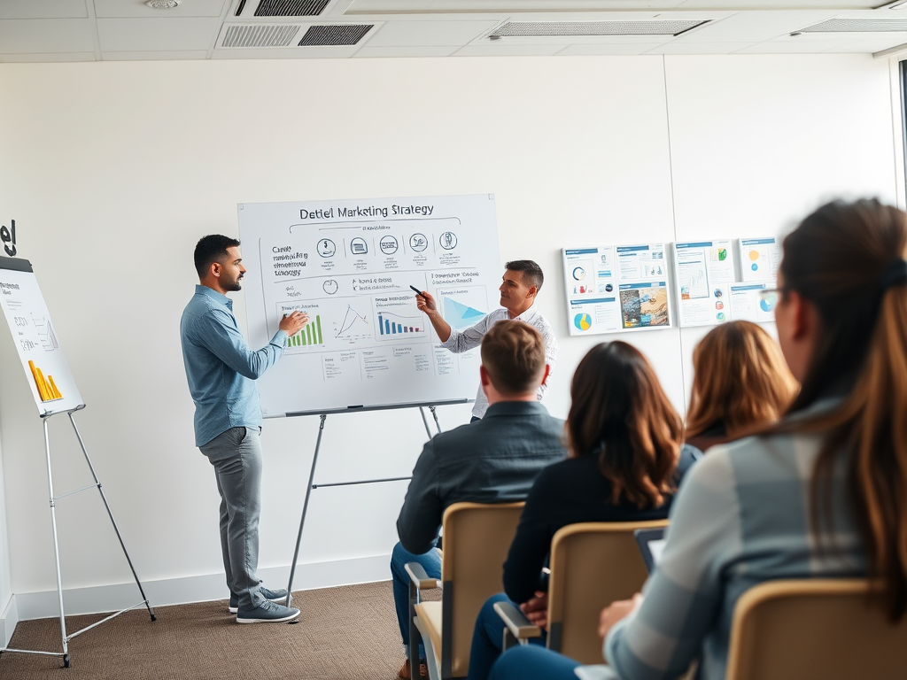 Two men present a marketing strategy using visuals, while an audience listens attentively in a conference room.