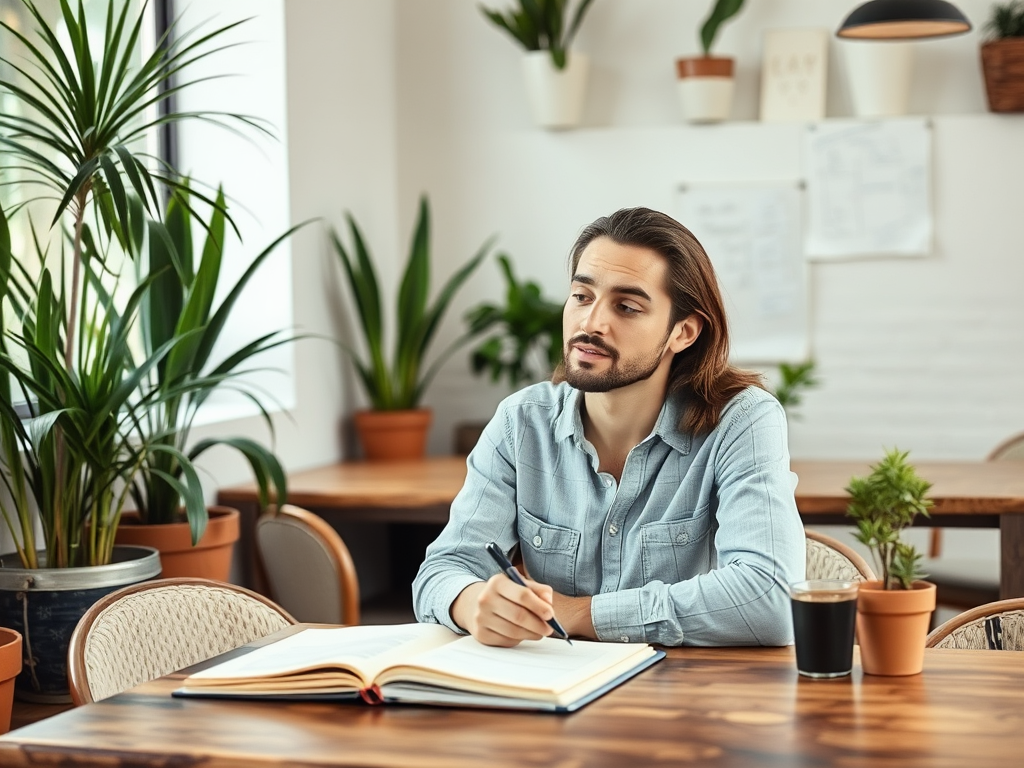 A man with long hair and a beard sits at a table, writing in a notebook surrounded by plants.