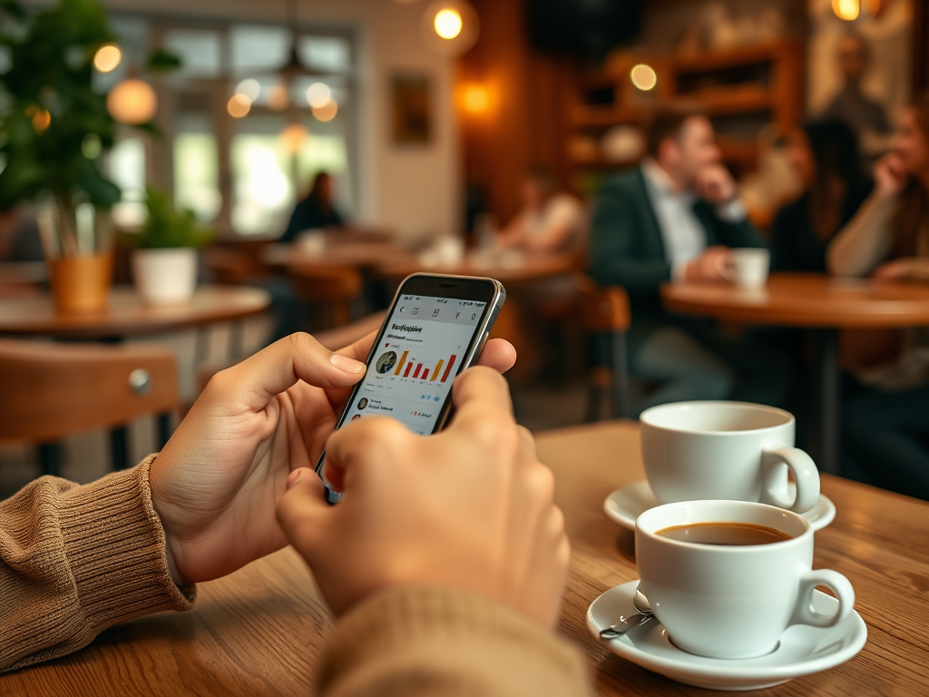 A person holding a smartphone displaying data with two coffee cups on a table in a cozy café setting.