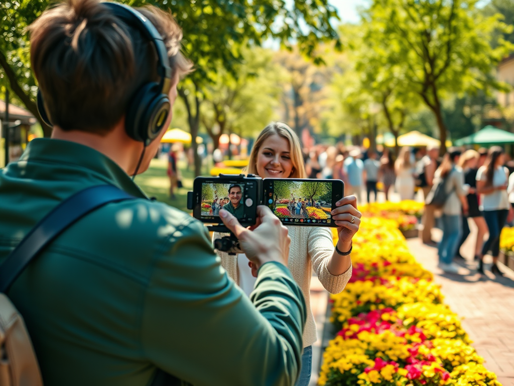 A woman smiles while taking a selfie in a flower-filled park with friends and a person filming her nearby.