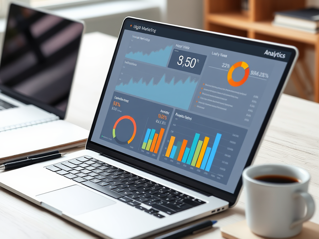 An open laptop displays analytical marketing data and graphs beside a coffee cup on a wooden table.