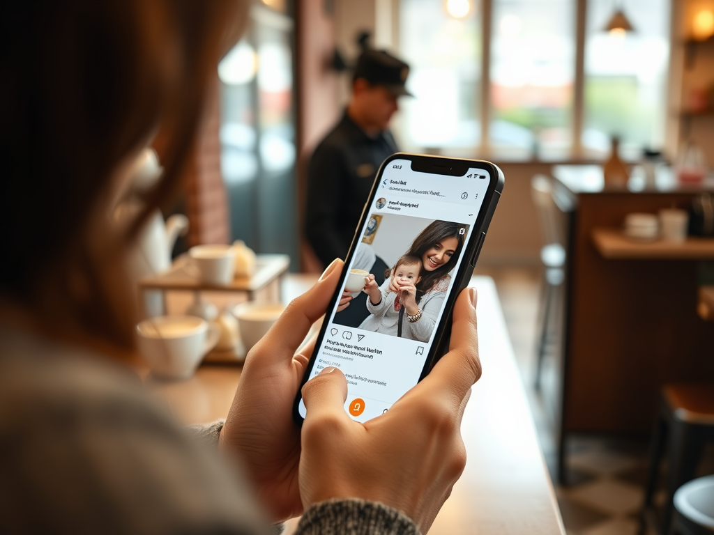 A person holds a phone showing a smiling woman and a baby on Instagram in a cozy café setting.