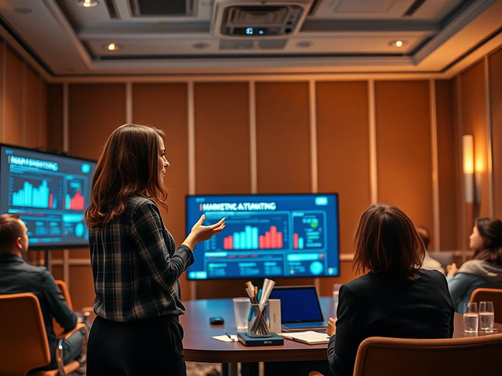 A woman presents marketing data in a conference room with engaged colleagues watching on large screens.