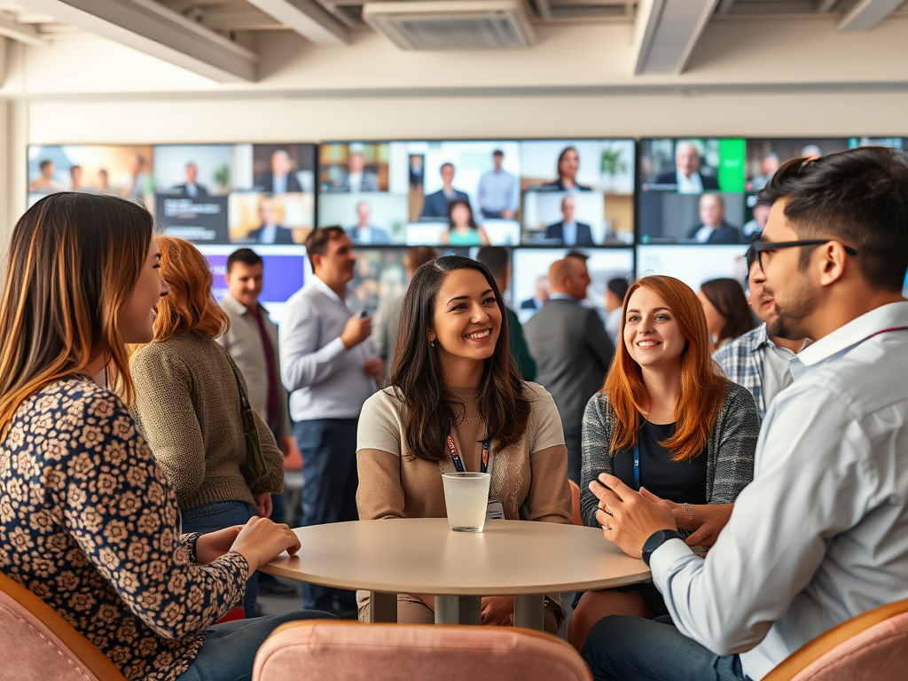 A diverse group of professionals engaged in conversation at a round table in a modern meeting space.