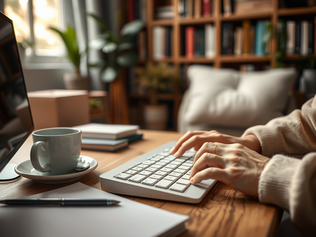 A person types on a keyboard in a cozy workspace with a cup of coffee and books in the background.