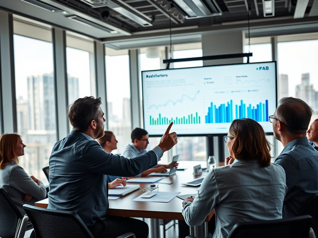 A group of professionals in a meeting observes a presentation with graphs and charts displayed on a screen.