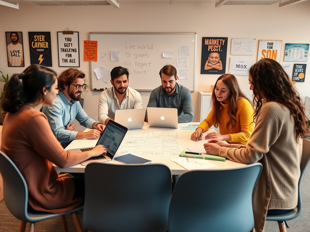 A diverse group of six people collaborates around a table with laptops, discussing plans and ideas in a bright room.