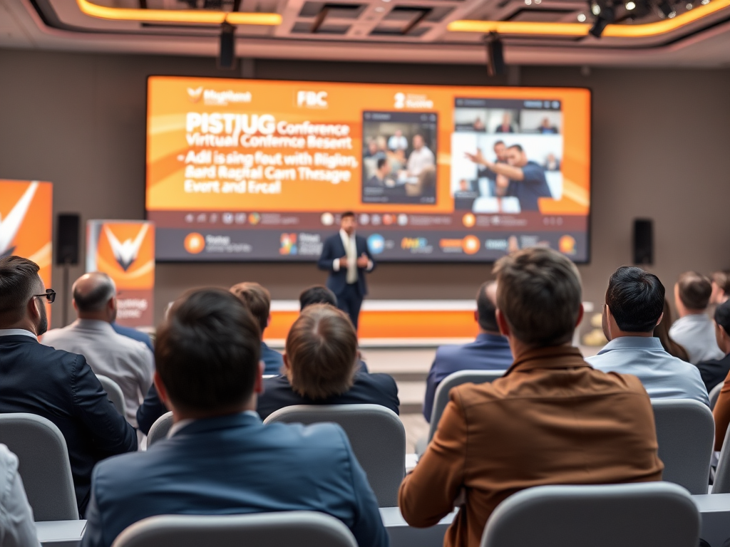 A conference scene with attendees watching a speaker and a screen displaying virtual content and event details.