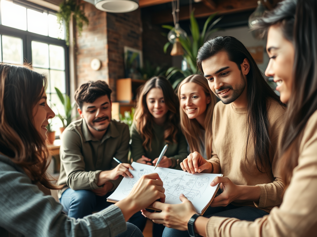 A group of five people collaboratively discussing ideas while drawing on a notebook in a cozy, bright setting.
