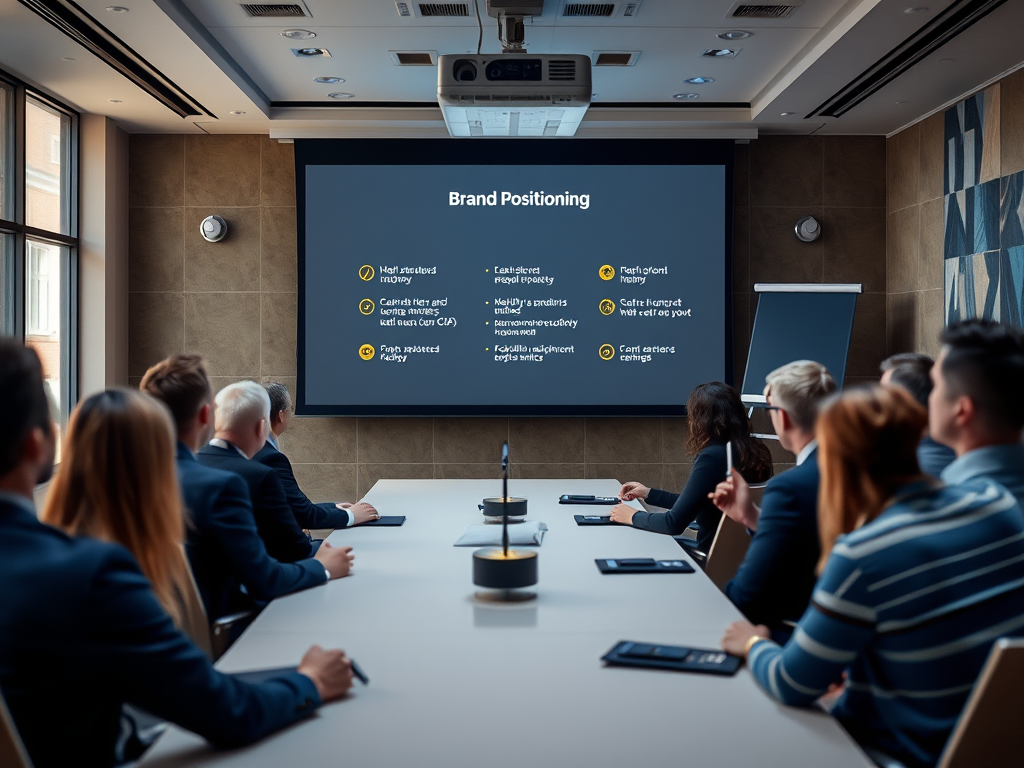 A business meeting with attendees focused on a presentation titled "Brand Positioning" on a large screen.