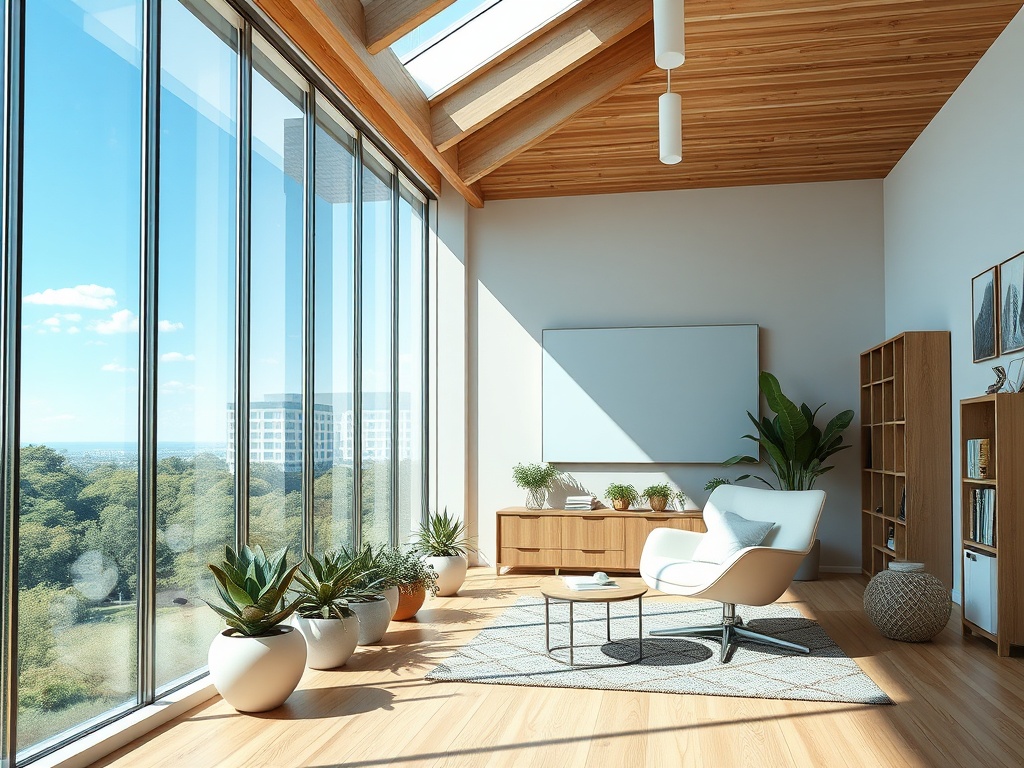 Bright, modern living space with large windows, wooden accents, a cozy chair, plants, and light wooden flooring.