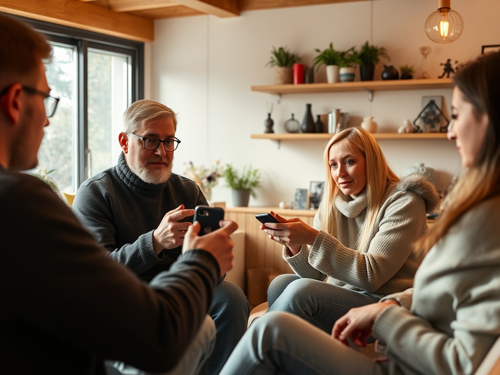 Four people sit together in a cozy room, each using their phones and engaging in conversation.