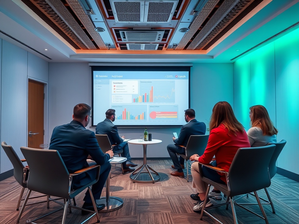A group of professionals sits in a meeting room, focusing on a presentation displayed on a screen.