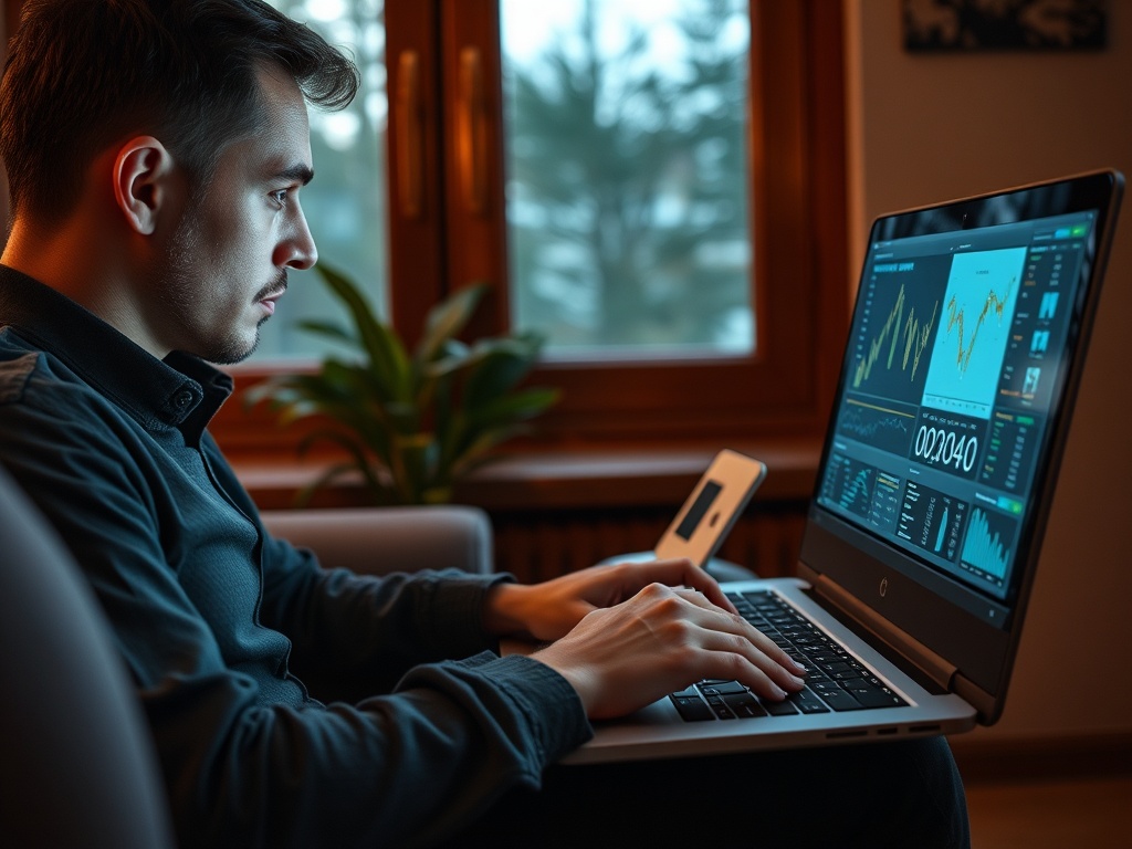 A man sits at a laptop, focused on financial data and graphs, with a phone in hand, near a window.