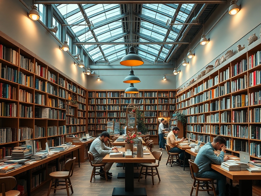 A cozy library with tall bookshelves, wooden tables, and people studying under warm lighting.