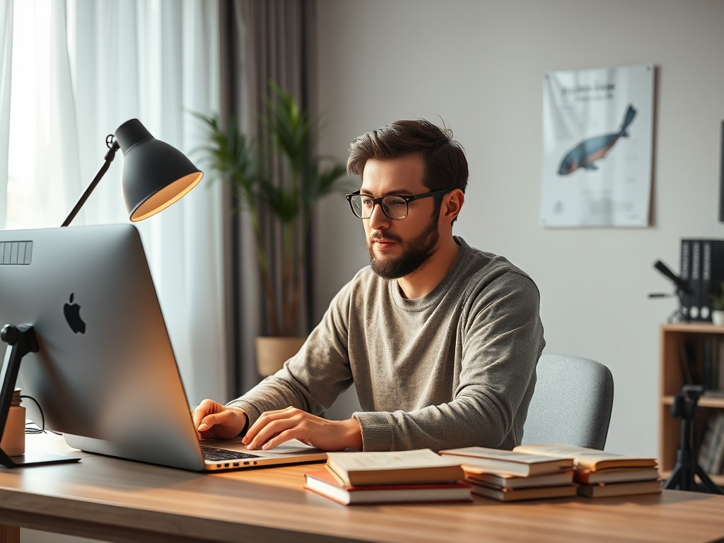 A man in a cozy workspace types on a laptop, surrounded by books and a desk lamp, with a plant in the background.