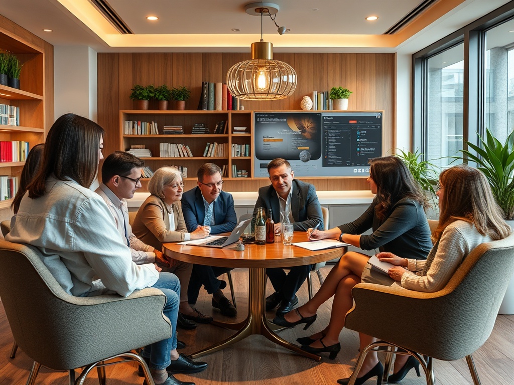 A group of professionals meeting around a table, discussing, with laptops and drinks in a modern office setting.