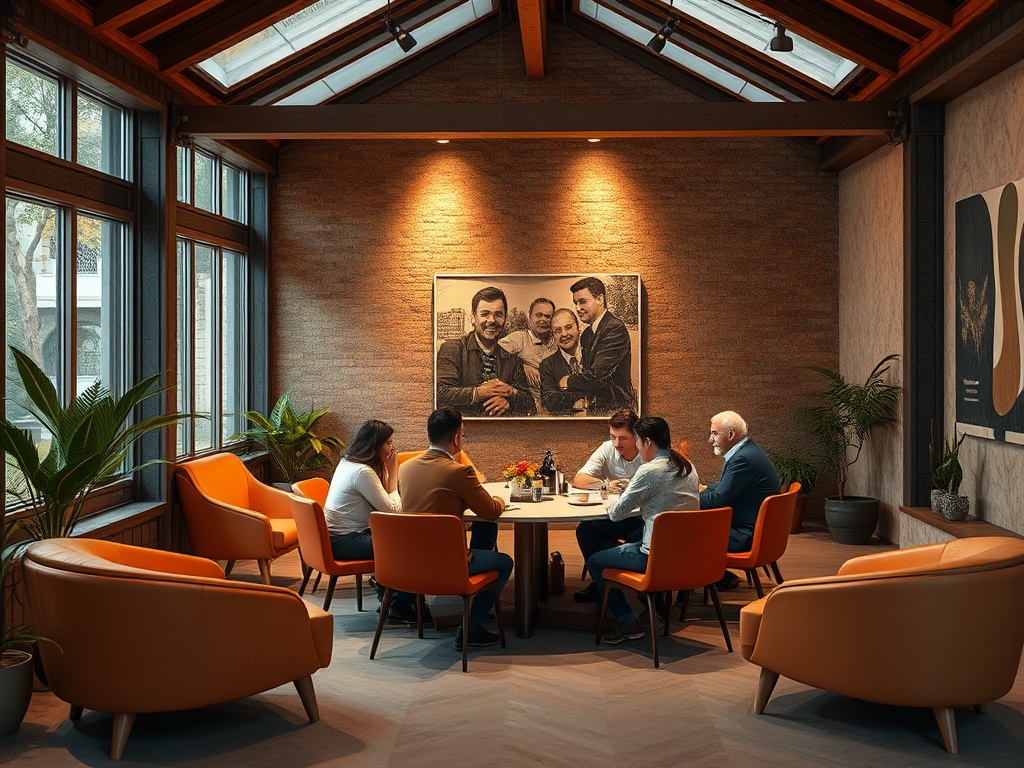 A group of people meeting around a round table in a cozy, well-lit room with large windows and plants.